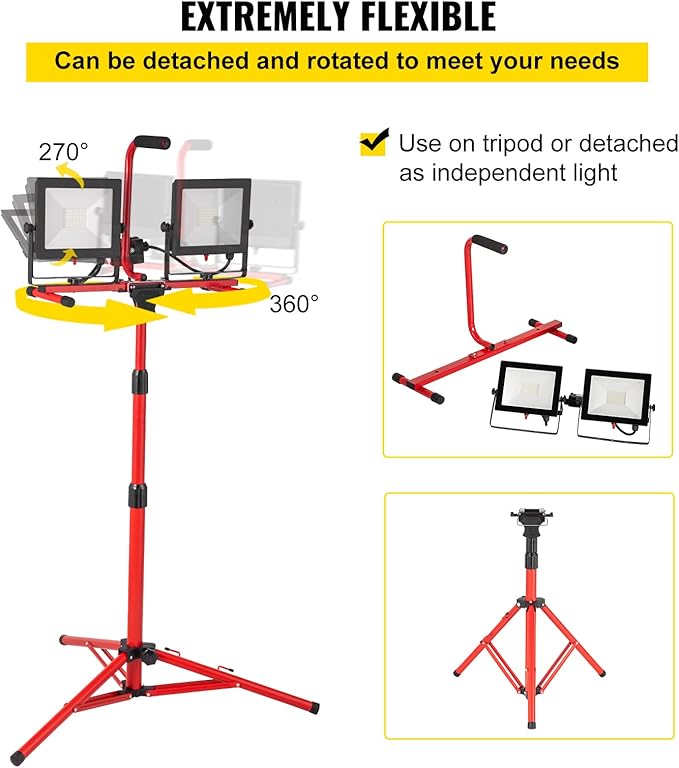 VEVOR LED Work Light with Stand, 20000 Lumen Dual-head LED Work Light with 27.6"-68.1" Adjustable and Foldable Tripod Stand, IP65 Waterproofed LED Tripod Work Light, with 5000 Kelvin Color Temperature
