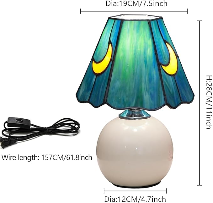 Mushroom Lamp Tiffany Lamp Stained Glass Table Lamp Moon Cute Small Bedside Lamps for Living Room Home Decor,Unique Aesthetic Home Living Room Decor Girls Women Birthday Day Gift,Sea Blue