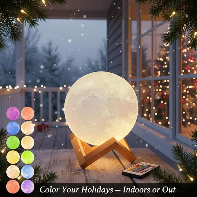 Mydethun 3D Moon Lamp, 9.6' Large Night Light with Wooden Base, Touch-Dimmable & Rechargeable, Gift for Mom, Bedroom, Home Décor, 16 Colors