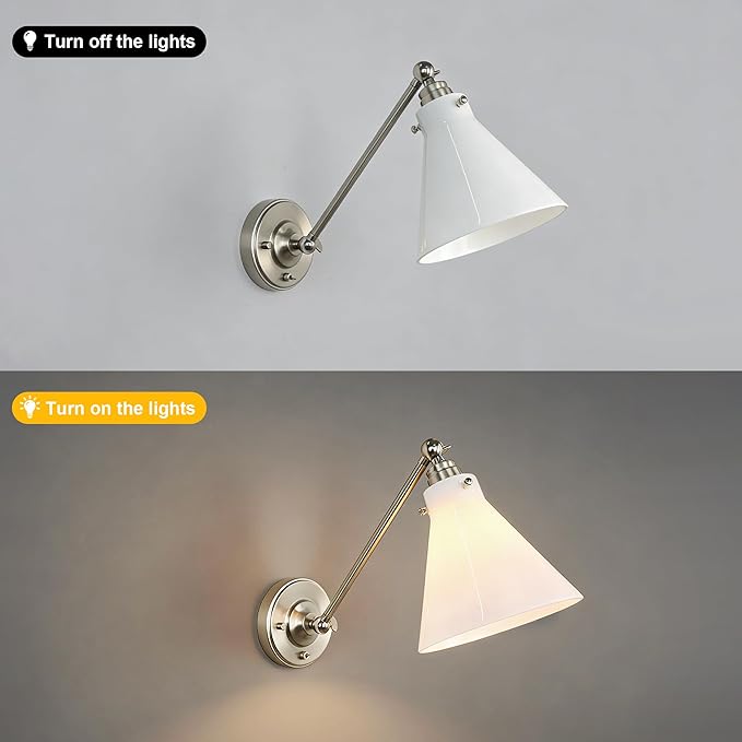 Industrial Vintage Slope Pole Wall Mount Single Sconce with Funnel Flared Clear Glass Shade, Swing Arm Wall Sconce Light Lamp Fixture Hardwired