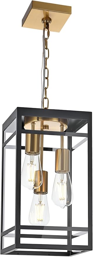 3-Light Outdoor Pendant Lights for Porch, Black & Brushed Brass Outdoor Chandelier 16'' Exterior Hanging Porch Light Fixtures w/Clear Glass, Waterproof Outside Pendant Lantern for Garage