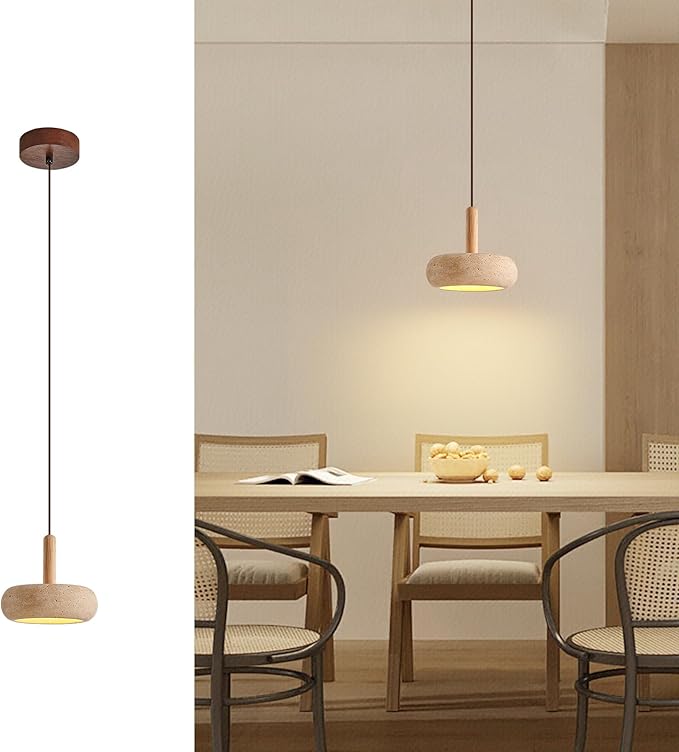 Wabi Sabi Pendant Light Natural Stone Shade Nordic Wood Chandelier,Yellow Travertine Cave Lamp, Japanese Style Lights 15W,Natural Stone Lights for Dining Room Bedside Kitchen Island Hallway