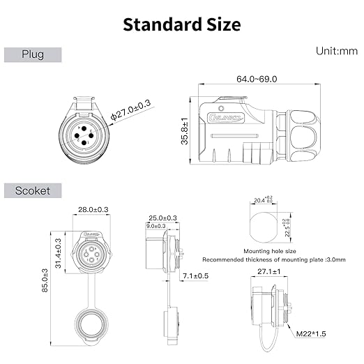 CNLINKO LP-20 4 Pin IP68 Waterproof Connector M20 Male Plug Female Socket Fast Locking 2-12 Pin Circular Connector for Stage Lighting Solar Panel Wiring(4 Pin)