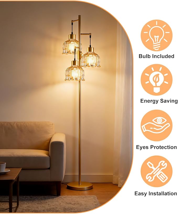 Lightdot 3-Light Lotus Floor Lamps 65'' Dimmable Floor Lamp with Brown Glass Shade& E12 Bulbs Included, Mid Century Tall Flower Lamp for Living Room/Bedroom/Sofa Beside/Corner Decor-Gold