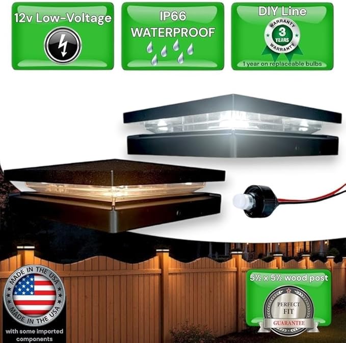 DekLights® DIY Line LED Lighted Post Cap for 6x6 Wood Posts (True 5.5x5.5). Our 12volt Low Voltage with Replaceable LED Bulb. for Your 6x6 Fence Posts (Black Cap 6000k Bulb)
