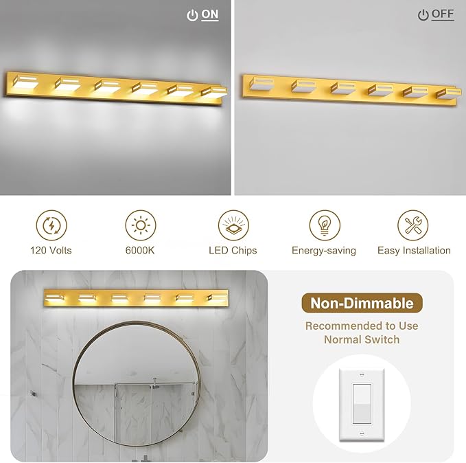 48-Inch 6-Light LED Modern Gold Bathroom Vanity Light Fixtures Over Mirror, Bathroom Lighting Fixtures with Cool White 6000K, Vanity Wall Lights for Bath Restroom Powder Room