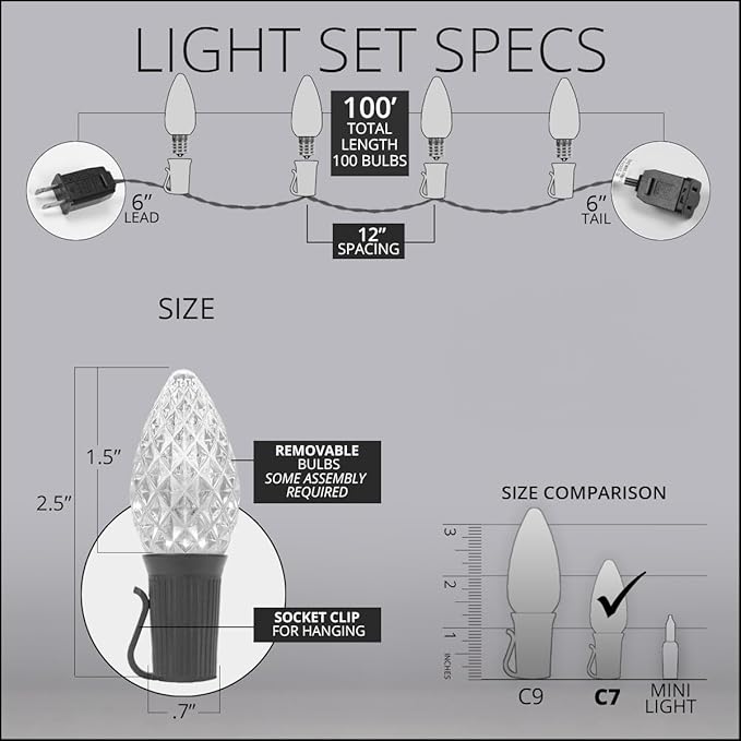 C7 Opticore Cool White Commercial Christmas Lights Outdoor Holiday Party Patio Bulbs on Heavy Duty Green Wire (100 Lights, 100 ft)