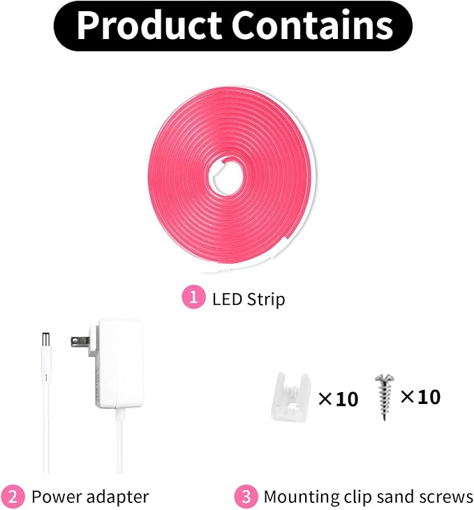 iNextStation 12V Pink LED Strip Lights 16.4FT, Flexible Silicone Neon Rope Light with Power Adapter, Waterproof, Cuttable, Dimmable & Linkable, LED Lights Strip for Bedroom, Kitchen(with Plug)