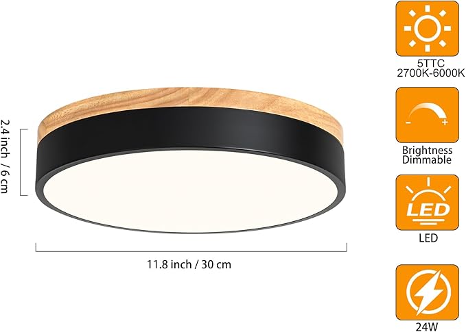 Dimmable Wood LED Flush Mount Ceiling Light, 5CCT 2700K-6000K Modern Black Close to Ceiling Lighting Fixtures, Minimalist Round Ceiling Lamp for Bedroom, Kitchen, Hallway, Laundry Room