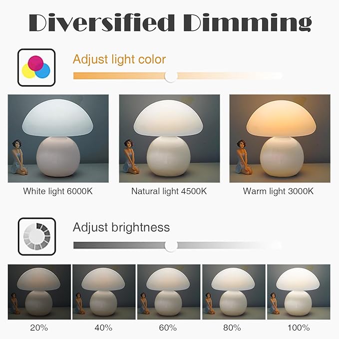 Cute Small Mushroom Lamp, PE Lampshade, Ceramic Base, Adjustable Light Color and Brightness with Power-Off Memory, Safe USB Powered, LED Mushroom Light for Bedroom Living Room (White)