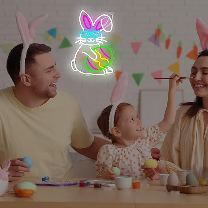 Easter Bunny Neon Sign Dimmable Easter Ear Waving Neon Light for Wall Decor Led Animated Bunny Ear Decoration for Window Light Up Sign for Bedroom