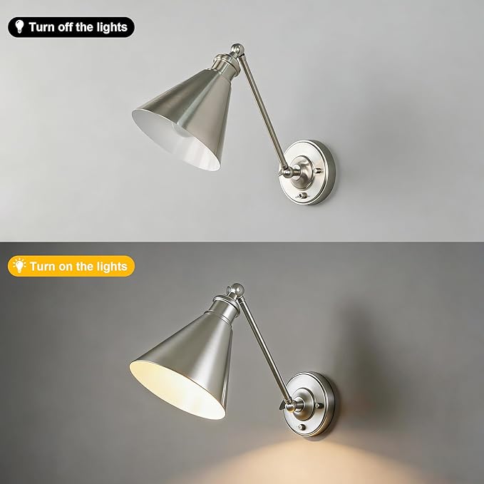 Industrial Vintage Slope Pole Wall Mount Single Sconce with Funnel Flared Metal Shade, Swing Arm Wall Sconce Light Lamp Fixture Hardwired