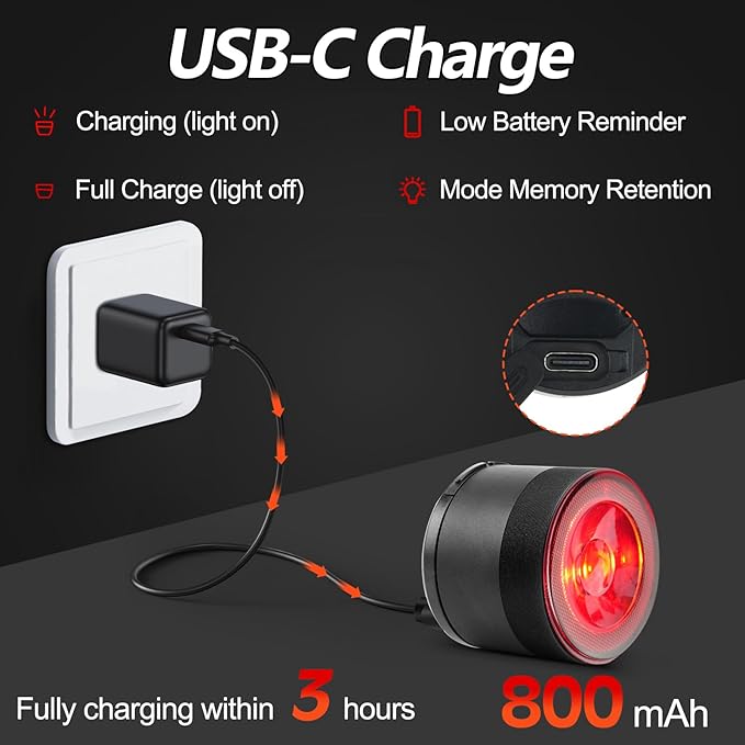 Cruxer Ultra Bright Bike Tail Light 200 Lumen Compact Bicycle Rear Light, USB-C Rechargeable, Smart Brake Sensing up to 300 Lumen, 8 Light Intensity Levels, 4 Lighting Modes, IP66 Waterproof