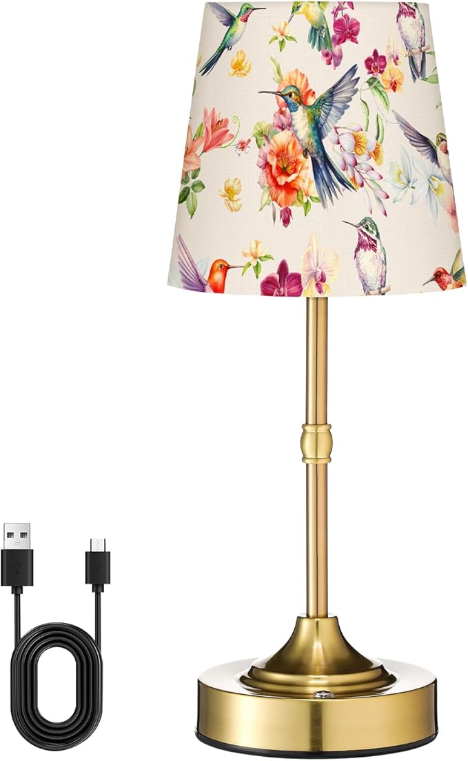 Cordless Table Lamp for Bedroom Bedside Bird Floral Linen Lampshade with Rechargeable Table Lamp Hummingbird Flower Desk Light for Farmhouse Boho Vintage Nightstand Living Room Home Decor