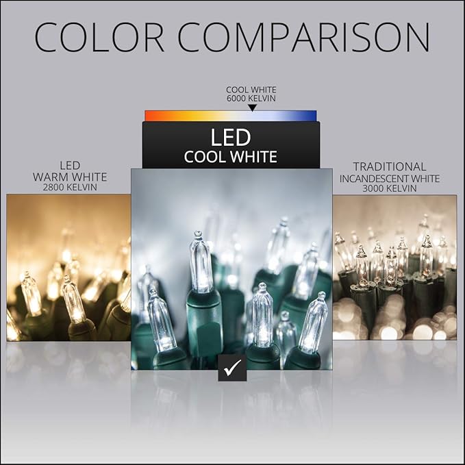 T5 Cool White LED Christmas Lights, 50 Count 25.5 ft Indoor/Outdoor Mini String on Green Wire, Commercial Grade Holiday Lighting