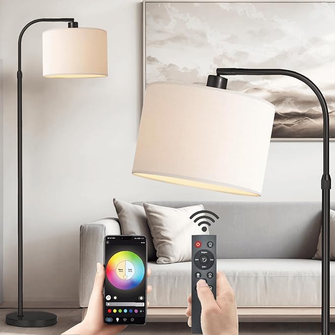 Black Floor Lamp with Remote Control, 1200 Lumens Adjustable Height Arc Floor Lamps for Living Room, Black Standing Lamp Dimmable for Bedroom, Office, LED Smart Bulb Included