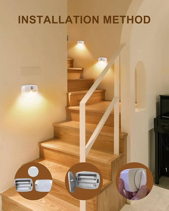 3Pcs Stick-on Motion Sensor Stair Lights, Warm White LED Night Light, Stick-Anywhere Stair Lights, Closet Light, Battery Operated Wall Light for Kitchen, Hallway, Bedroom, Bathroom, Stairs