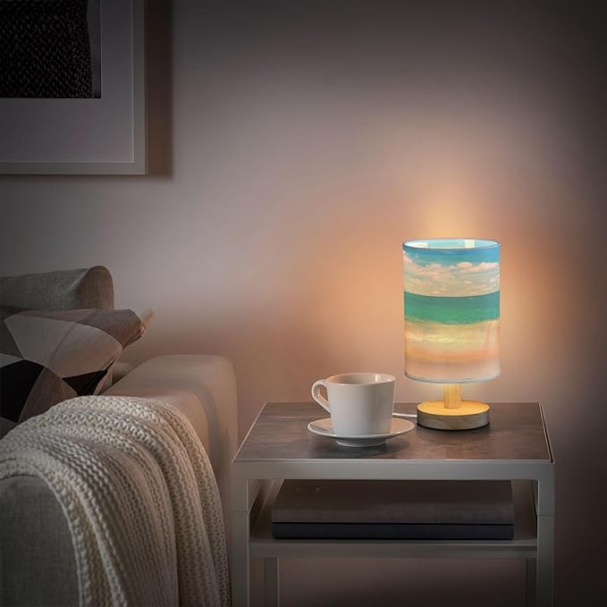 Table Lamp Tropical Sea Summer Blue Ocean with Beach White Cloud on Sky Nightstand Lamp with Wood Base Fabric Lamp Shade Bedside Desk Lamp for Living Room Bedroom Kids Room Office
