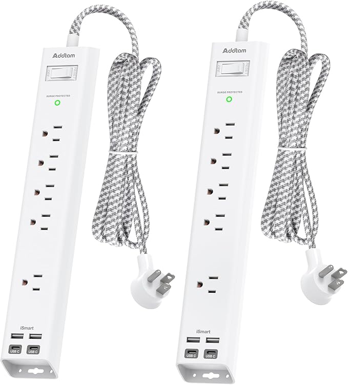 10Ft Surge Protector Power Strip - Long Extension Cord, Addtam 5 Widely Outlets 4 USB Ports, Flat Plug, Multi Plug Outlet Extender, Desk Charging Station for Home Office College Dorm Room Essentials