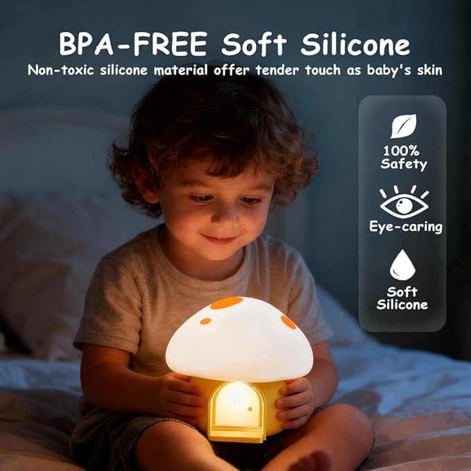 Kids Night Light, Kawaii Bunny Mushroom House Silicone Night Light with Tap Control, 3-Step Dimmable, 30/60 Min Auto-Off Timer, Rechargeable Bedside Nursery Lamp (Yellow)