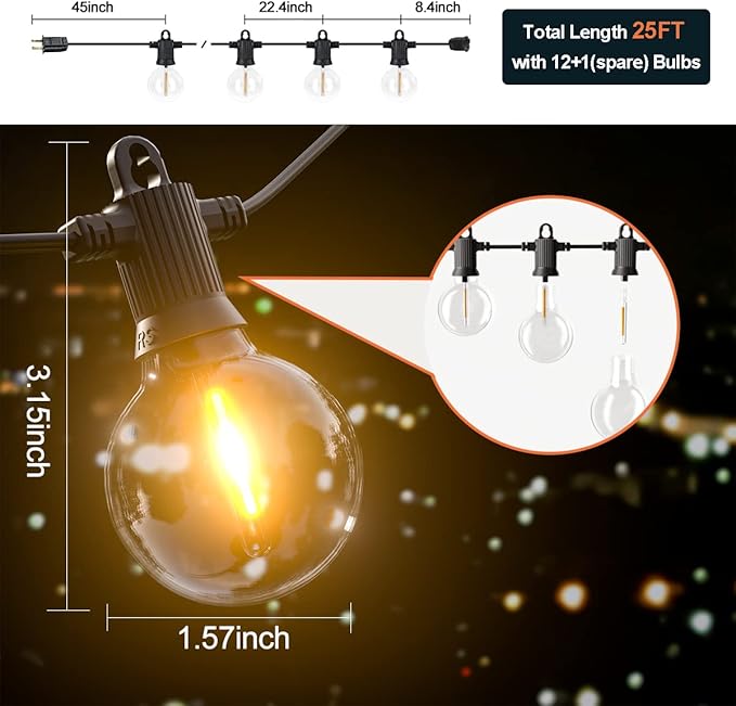 Kawaya Outdoor String Lights 25 FT LED Patio Light with 12+1 Shatterproof Edison Globe Bulbs - IP65 Waterproof Dimmable Hanging Lights - 2700K Warm White Lighting for Outside Yard Porch Deck Bistro