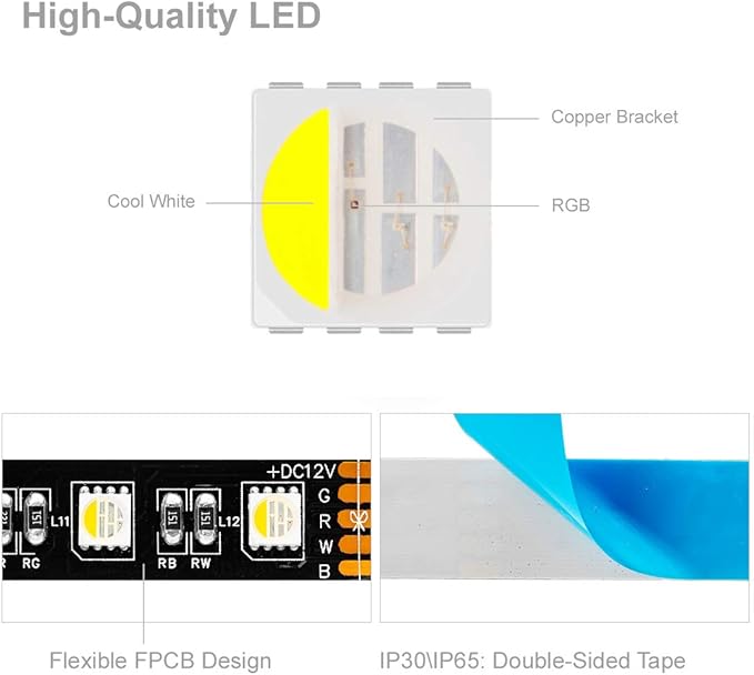 BTF-LIGHTING 5050 RGBW RGB+Cool White(6000K-7000K) 4 Colors in 1 LED Tape Light DC12V 5m 16.4ft 60LED/m Multi-Colored IP65 Black 12mm PCB for Bedroom Kitchen Home Decoration(No Adapter or Controller)