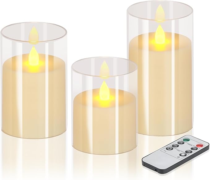 Flameless Candles 4" 5" 6" Set of 3 Acrylic Glass Pillars 3" Diameter Battery Operated Flickering Candles Include 8-Key Remote with Timer Function 400+ Hours (Pure White, 3 Pack)
