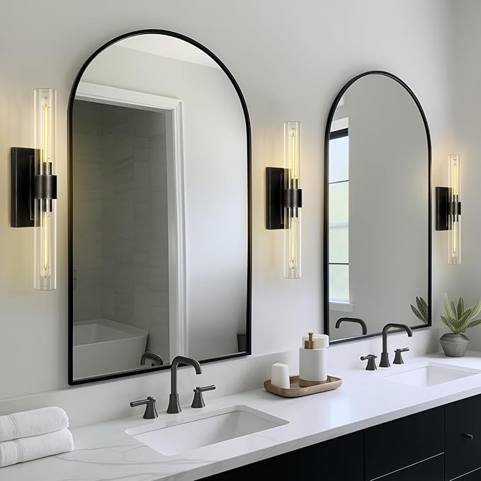 Bronze Vanity Light Sconce, 2-Light Bathroom Wall Sconce Over Mirror, Black Vanity Lights for Bathroom, Dimmable Wall Sconces with Glass Tube, Indoor Linear Wall Sconce for vertical and horizontal