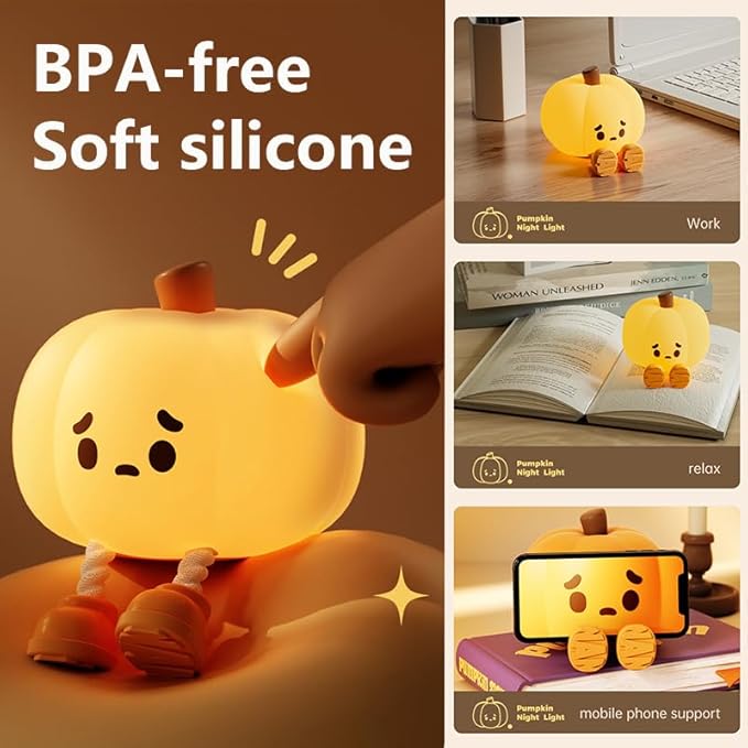Pumpkin Night Light, Squishy LED Nursery Lamp with Timer, Rechargeable Silicone Nightlight for Kids, Dimmable Bedside Lantern for Baby Room & Easter Decor