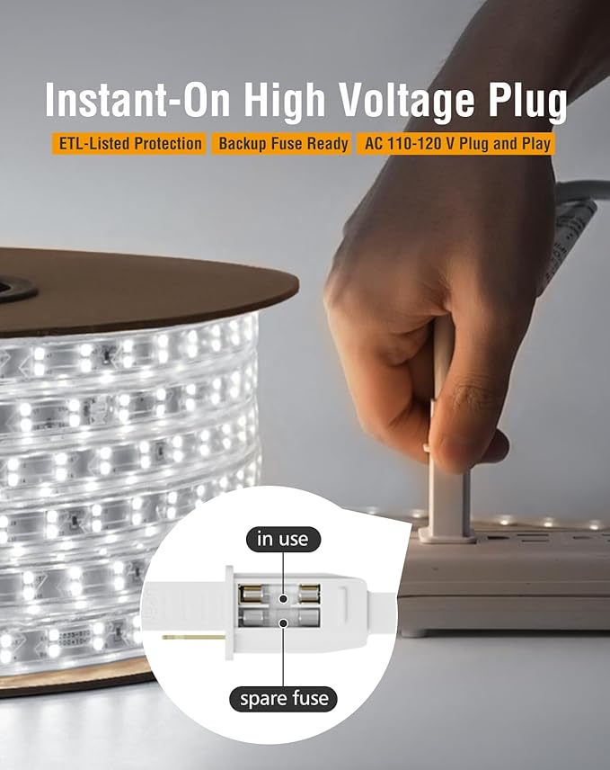 Shine Decor Plus LED Strip Lights AC 120V, Connectable Double Row Bright Rope Light, ETL IP65 Waterproof & Weather-Resistant for Accent Lighting, 7x17mm, 6000K Cool White, 32FT