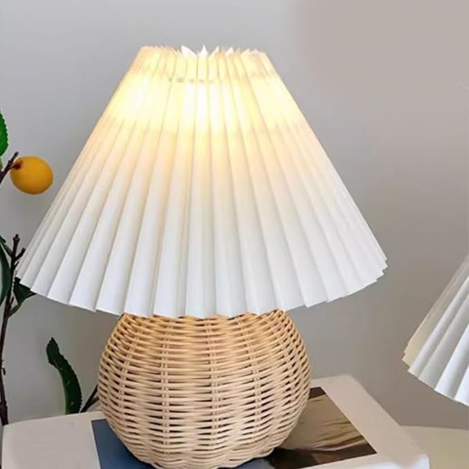 Table Lamps for Living Room, Retro Lamp Small Pleated Table Lamp Rattan Metal Base Modern Bedside Nightstand Lamp with Beige Lampshade