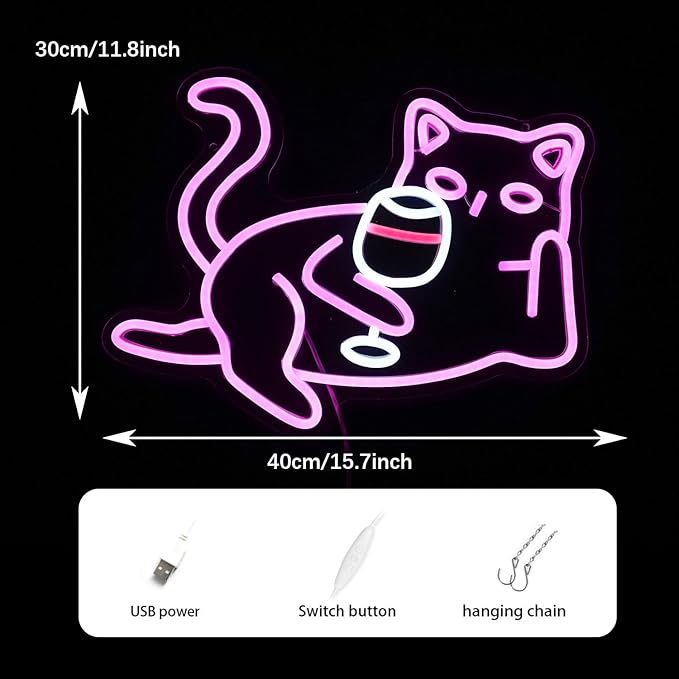 Cat Wine Glasses Neon Sign Dimmable LED Light Pink Cat For Wall Decoration Cocktail Neon Lights Powered By USB Light Up Signs For Bar Decor Living Room Cat cafe Art Dinning Room Cat Lover Gift