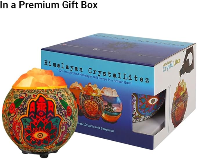 Himalayan CrystalLitez Himalayan Salt Lamp with UL Listed Dimmer Cord, Original Salt Crystals in A Handcrafted Artisan Bowl, Aromatherapy Salt Lamp (Hamsa)