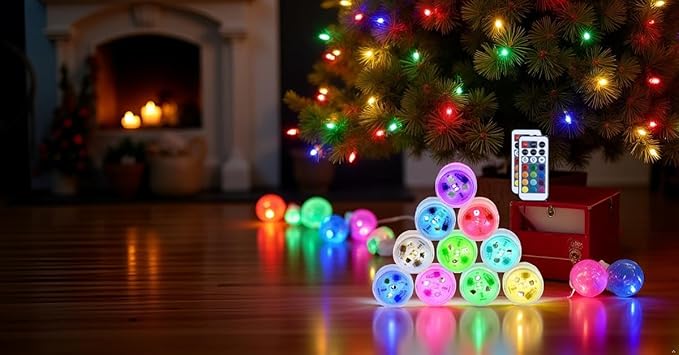 Christmas Led Lights with Remote Battery Operated Color Changing Led Tea Light with Mini Hanging, for Christmas Tree vase Decor(10 Lights+2 remotes)