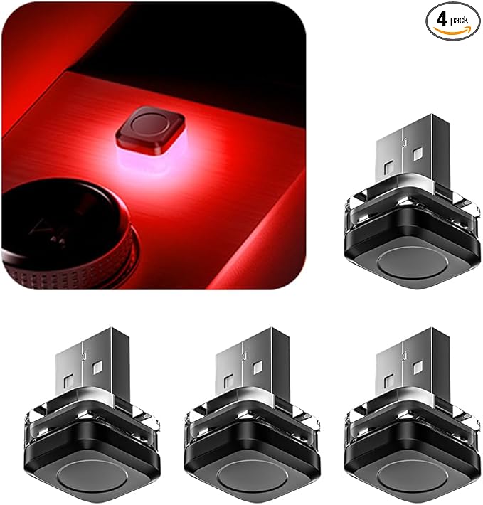 4PCS Car Interior USB LED Light, Portable Plug-in Bright Vehicle Atmosphere Decor Lamp, Small Automotive Inside Decoration Ambient Night Light Kit, Universal for SUV Van Truck (Red)