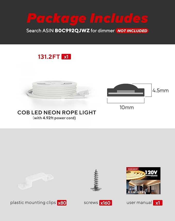 Shine Decor COB LED Rope Light AC 120V, 800lm Ultra Bright, IP65 Waterproof Cold-Resistant ETL Neon Strip, No Driver Tape Lighting for Home Commercial 10x4.5mm, 6000K Cool White, 131.2ft