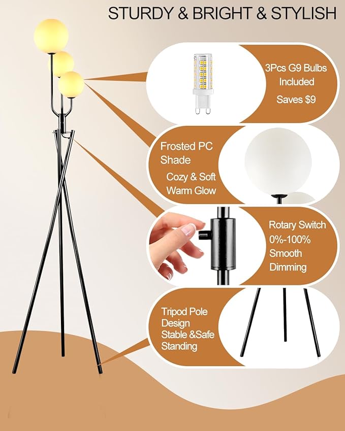 Lightdot Black Tripod Floor Lamp 3 Pole Vintage Standing Lamps with Stable Base& 3Pcs Globe 3000K Warmwhite Bulbs Included Mid Century Modern Floor Lamp for Living Room/Sofa Beside/Corner Decor