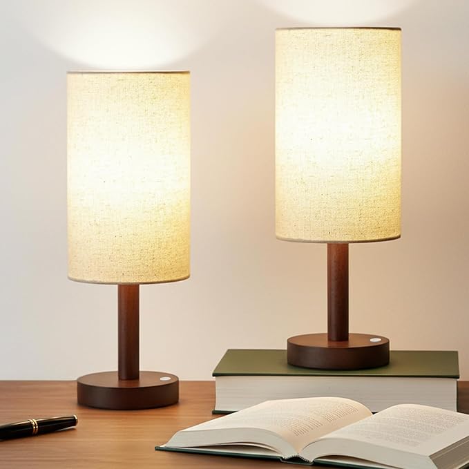 Small Table Lamp Nightstand Lamp Linen Lampshade Bedroom Wood Base Small Bedside Lamp for Night Stands, Desk Lamps for Reading Living Room, Office (LED Bulb Included) (Walnut Wood Cordless(2))