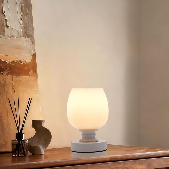 Small LED Table Lamp for Bedroom, 2 Sets Glass Desk Light, 3CCT Bulb Included White