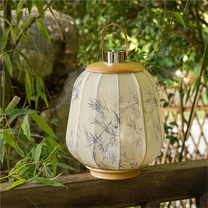 Simple Rechargeable Lantern Table Lamp with Touch Switch, Retro Chinese Small Night Light with Portable Handle, Elegant Decorative Fabric Nightstand Lamp for Bedroom Living Room(Beige)