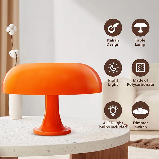 Huga Collective Mandarin Dream Dimmable Mushroom Lamp | Vintage Retro Mushroom Table Lamp for Ambient Lighting