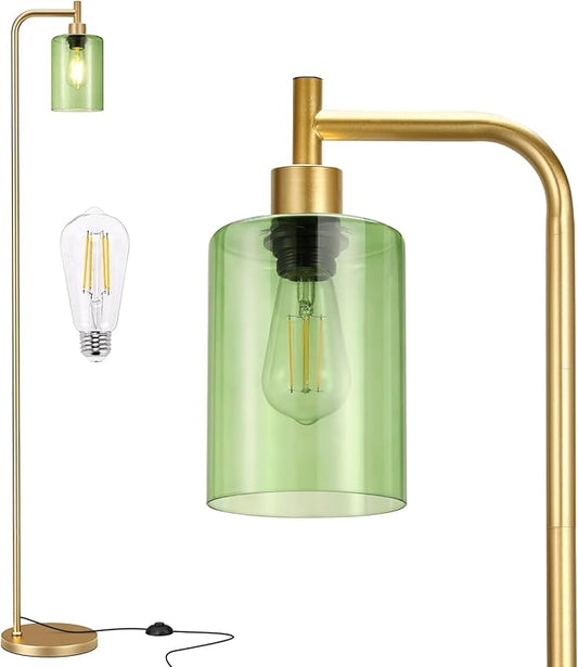 Floor Lamps for Living Room - Industrial Standing Lamp with Green Glass Shade, Modern Gold Floor Lamp with LED Bulbs, Farmhouse Floor Lamp for Bedroom, Tall Lamp for Office