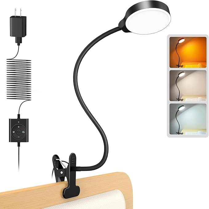 Glocusent 5W Clip on Light, 36LED Eye Caring Reading Light for Bed, 3 Colors & 5 Brightness Clip on Lamp with Adapter, Perfect Reading Light for Bed with Clamp/Bunk Bed/Headboard/Table/Desk