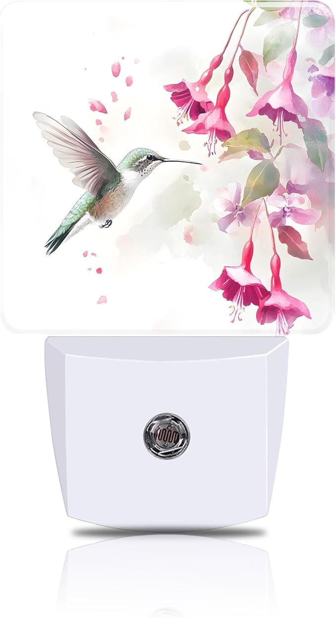 Night Light Hummingbird with Pink Flowers Night Lights Plug into Wall Smart Dusk to Dawn Sensor 0.5W Energy Efficient Led Lamp for Men Women Bedroom Bathroom Hallway Stairway Decor