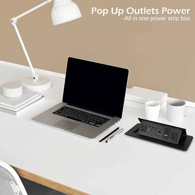 Table Pop Up Outlet, Desktop Pop Up Socket Center Countertop Socket Multimedia Strip Socket Connection Box Countertop with USB 3.0/2×AC/2×HDMI/USB-A/USB-C/LAN for Conference Desk Office (Black-3)