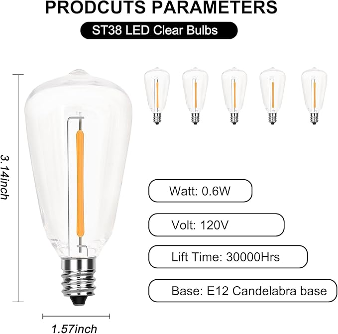 Edison LED Light Bulbs,10 Pack ST38 Clear Replacement Bulbs Fits C7 E12 Screw Base Light,Vintage 0.6W Dimmable Waterproof Bulbs for Indoor Outdoor Patio String Lights