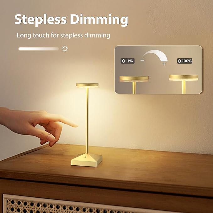 3 Pack 7.67in Gold Small Cordless Table Lamps Rechargeable, Battery Operated Mini Lamp, Small Lamp Touch Portable Table Lights, LED Night Light for Bedside/Dining/Bar/Outdoor (Gold-C)
