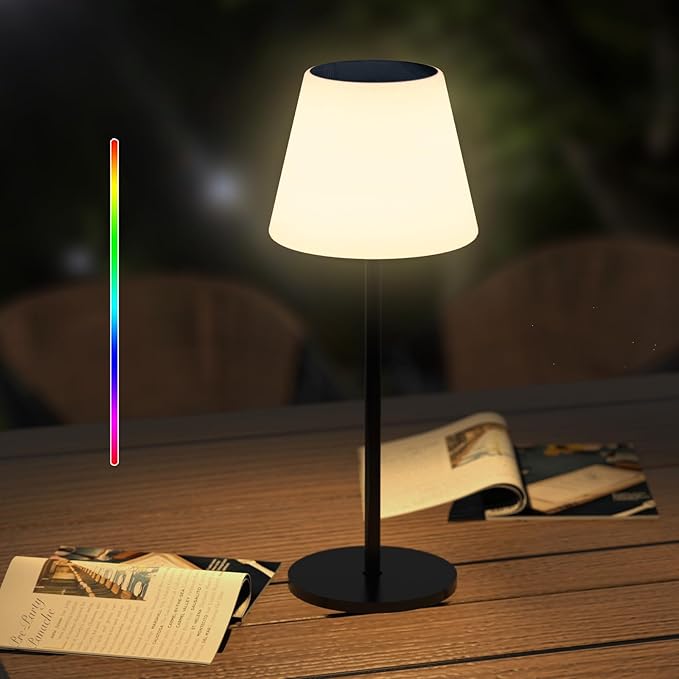Solar Table Lamp Outdoor Solar Lamp Waterproof with Light Sensor,Outdoor Lamps for Patio,Dimmable Warm White and RGB LED Solar Lamp Cordless,Portable Night Light for Garden、Terrace、Camping.