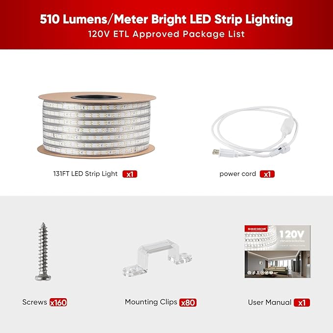 Shine Decor Plus LED Strip Lights AC 120V, Connectable Double Row Bright Rope Light, ETL IP65 Waterproof & Weather-Resistant for Accent Lighting, 7x17mm, 2800K Warm White, 131FT