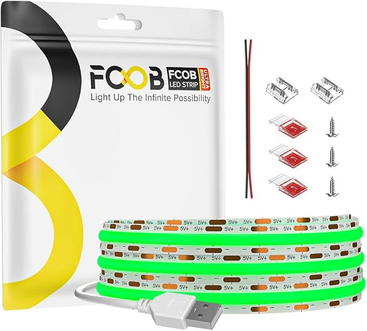 6.56FT/2M 5V USB LED Light Strip Green Flexible High Density COB Strips 640LEDs, 8mm LED Tape for Under Cabinet Bedroom No Controller and Power